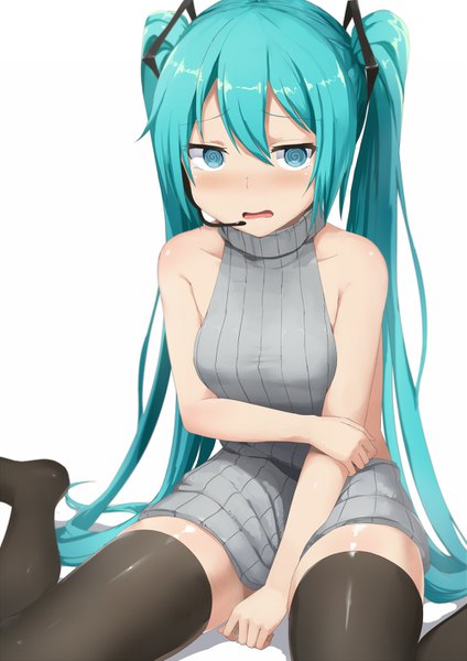 Anime picture 1000x1414 with vocaloid hatsune miku abmayo single tall image looking at viewer blush fringe open mouth blue eyes light erotic simple background hair between eyes white background sitting twintails blue hair very long hair embarrassed zettai ryouiki