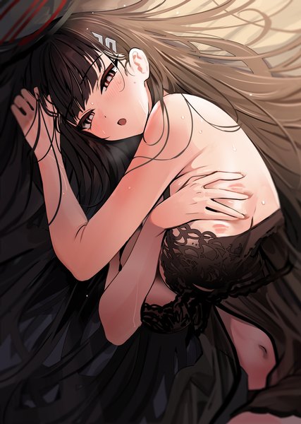 Anime picture 3364x4729 with blue archive rio (blue archive) yuki (asayuki101) single long hair tall image blush fringe highres breasts open mouth light erotic black hair red eyes large breasts looking away absurdres lying blunt bangs arm up