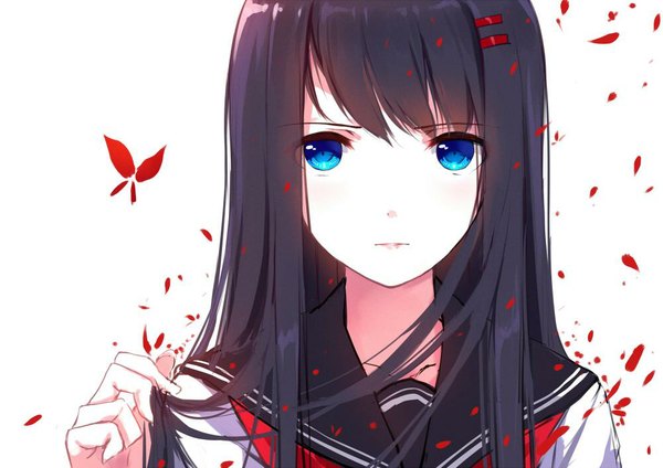 Anime picture 1000x707 with original sin (caidychen) caidychen single long hair blue eyes black hair simple background white background looking away close-up pale skin girl uniform hair ornament petals serafuku hairclip insect butterfly