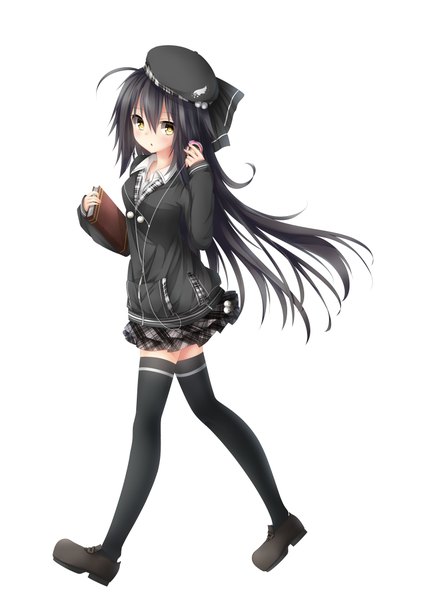 Anime picture 1500x2121 with original chabaneko single long hair tall image blush black hair simple background white background yellow eyes walking girl thighhighs black thighhighs book (books) beret