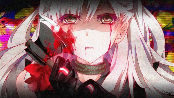 Anime picture 1444x812 with vocaloid mayu (vocaloid) tyouya single long hair looking at viewer fringe blonde hair wide image holding close-up face bloody tears girl blood