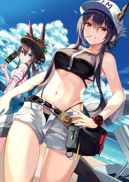Anime picture 2480x3510 with arknights amiya (arknights) ch'en (arknights) female tourist c (arknights) buri (retty9349) long hair tall image looking at viewer blush fringe highres breasts blue eyes light erotic smile hair between eyes red eyes brown hair multiple girls holding