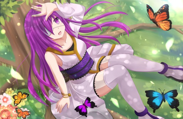 Anime picture 1372x900 with original kazenokaze single long hair blush open mouth smile sitting purple eyes bare shoulders purple hair sunlight happy looking up against tree girl thighhighs flower (flowers) plant (plants) petals