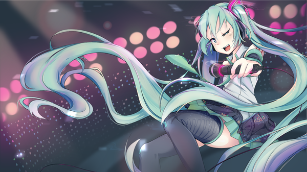Anime picture 1920x1080 with vocaloid hatsune miku tiribrush single blush fringe highres open mouth hair between eyes wide image twintails holding very long hair pleated skirt one eye closed aqua eyes wink aqua hair outstretched arm ;d