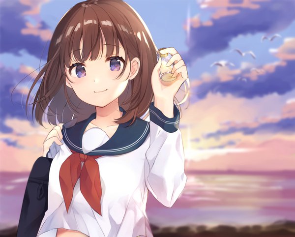 Anime picture 1409x1134 with original yushima single looking at viewer blush fringe short hair smile brown hair purple eyes holding upper body wind midriff depth of field girl uniform serafuku sea bag