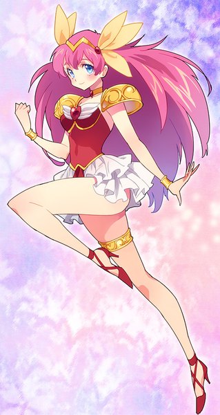 Anime picture 500x939 with wedding peach hanasaki momoko angel peach taki (nakochan) single long hair tall image looking at viewer blush fringe blue eyes light erotic smile pink hair full body bent knee (knees) high heels legs magical girl girl