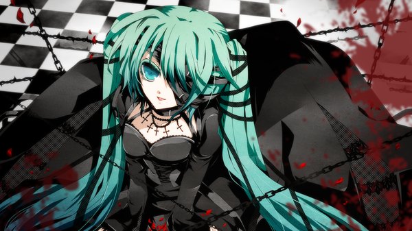 Anime picture 2007x1129 with vocaloid hatsune miku akatsuki yakyou single long hair fringe highres open mouth smile wide image twintails aqua eyes aqua hair gothic bandage over one eye girl blood chain jewelry cross