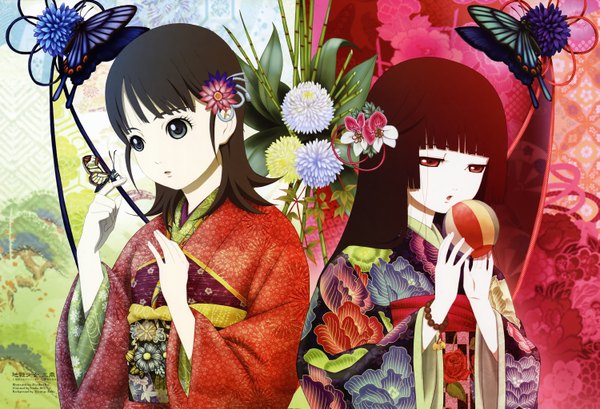 Anime picture 5993x4090 with hell girl studio deen enma ai mikage yuzuki oka mariko long hair fringe highres short hair open mouth black hair red eyes multiple girls absurdres blunt bangs traditional clothes japanese clothes official art grey eyes floral print