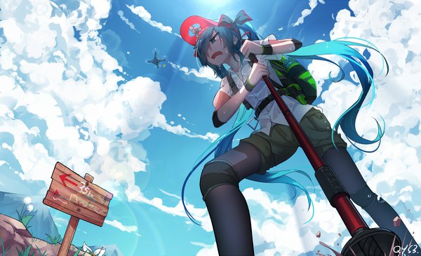 Anime picture 1200x733 with vocaloid hatsune miku qys3 single long hair fringe open mouth blue eyes wide image twintails signed blue hair looking away sky cloud (clouds) aqua eyes sunlight hair over one eye aqua hair from below