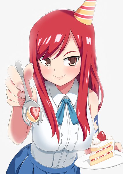 Anime picture 744x1052 with fairy tail erza scarlet rogeris single long hair tall image looking at viewer blush fringe breasts simple background smile large breasts standing white background bare shoulders holding brown eyes red hair pleated skirt