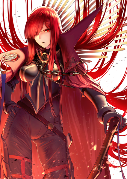 Anime picture 2894x4093 with fate (series) fate/grand order koha-ace oda nobunaga (fate) (all) oda nobunaga (maou avenger) (fate) itaco single long hair tall image looking at viewer fringe highres breasts open mouth simple background red eyes standing white background holding red hair
