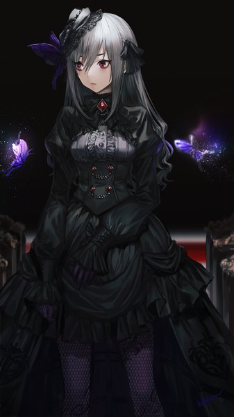 Anime picture 844x1500 with idolmaster idolmaster cinderella girls idolmaster cinderella girls starlight stage kanzaki ranko infukun single long hair tall image blush fringe red eyes standing payot looking away grey hair awaited person of fate girl dress gloves hat