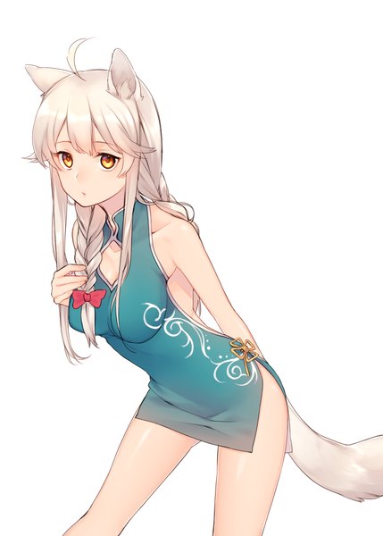 Anime picture 1000x1399 with original lio (rumei2265874644) single long hair tall image looking at viewer fringe open mouth light erotic simple background blonde hair standing white background animal ears yellow eyes cleavage ahoge tail braid (braids) traditional clothes