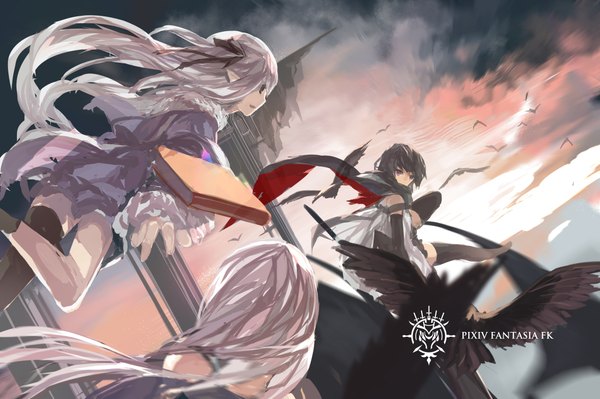 Anime picture 2267x1511 with original pixiv fantasia pixiv fantasia fallen kings paradise (character) swd3e2 long hair highres short hair black hair multiple girls silver hair black eyes girl thighhighs dress gloves black thighhighs 2 girls animal elbow gloves