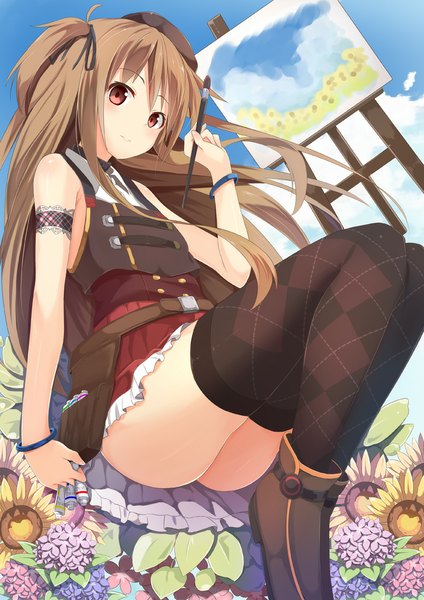 Anime picture 707x1000 with original momo no kanzume single long hair tall image looking at viewer blush light erotic smile red eyes brown hair ass girl thighhighs flower (flowers) boots vest sunflower paintbrush hydrangea