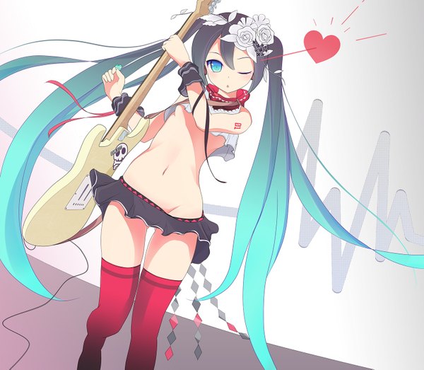 Anime picture 1500x1309 with vocaloid hatsune miku single light erotic twintails very long hair one eye closed multicolored hair aqua eyes wink aqua hair two-tone hair midriff girl thighhighs skirt navel hair ornament miniskirt heart