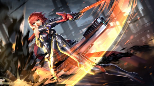 Anime picture 1152x648 with evil genome observerz single short hair breasts open mouth blue eyes wide image large breasts game cg red hair official art :o fighting stance ruins destruction girl boots armor thigh boots