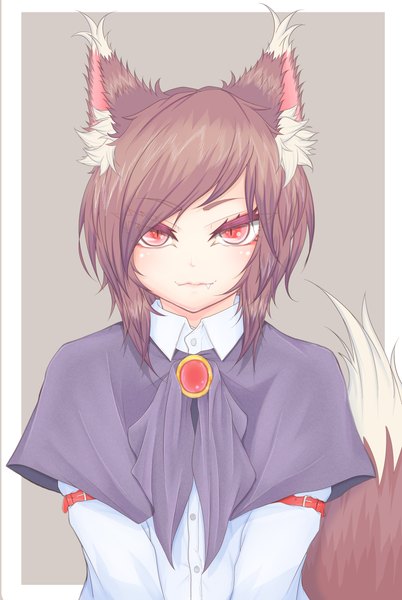 Anime picture 2746x4096 with touhou imaizumi kagerou cube85 single tall image highres short hair simple background red eyes brown hair animal ears tail animal tail grey background fang (fangs) alternate hairstyle wolf ears wolf tail wolf girl alternate hair length