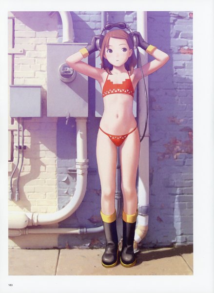 Anime picture 5092x6966 with futurelog (artbook) range murata single tall image looking at viewer highres short hair light erotic brown hair standing bare shoulders absurdres full body outdoors black eyes sunlight scan arms up shadow armpit (armpits)