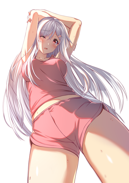 Anime picture 1060x1500 with original neeko arudehido single long hair tall image looking at viewer blush fringe breasts open mouth light erotic simple background hair between eyes standing white background brown eyes silver hair arms up from below
