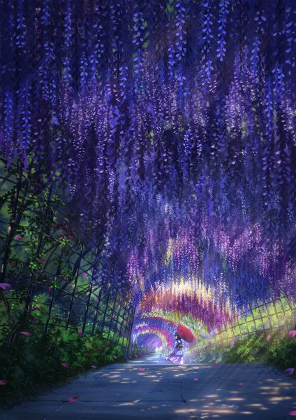 Anime picture 1200x1697 with original niko p single tall image holding outdoors profile wind from behind sunlight shadow sunbeam girl flower (flowers) plant (plants) petals umbrella backpack oriental umbrella wisteria