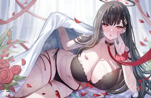 Anime-Bild 3508x2286 mit blue archive rio (blue archive) tansuan (ensj3875) single long hair looking at viewer blush fringe highres breasts open mouth light erotic black hair red eyes large breasts absurdres lying blunt bangs :o underwear only