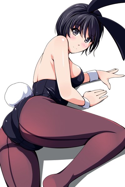 Anime picture 800x1200 with original matsunaga kouyou single tall image looking at viewer blush short hair breasts light erotic black hair white background animal ears black eyes bunny ears girl pantyhose black pantyhose bunnysuit