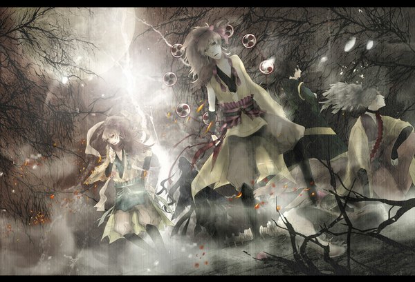 Anime picture 1134x774 with tagme (character) gsgs long hair black hair japanese clothes pink eyes grey hair sleeveless bone (bones) boy ribbon (ribbons) plant (plants) earrings petals tree (trees) belt skull