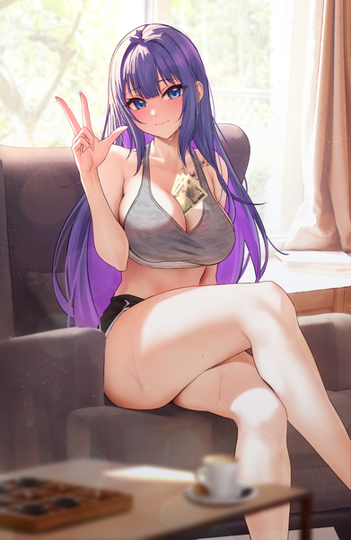Anime picture 1189x1824 with original yuna (biya (1024)) solar (happymonk) single long hair tall image looking at viewer blush fringe breasts blue eyes light erotic large breasts sitting purple hair indoors blunt bangs multicolored hair arm up blurry