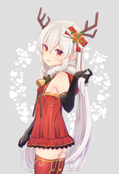 Anime picture 616x900 with original okanoyuno single long hair tall image fringe light erotic hair between eyes red eyes standing twintails ass white hair horn (horns) grey background christmas bell collar holding hair antlers girl