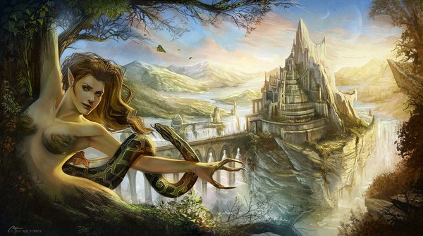 Anime picture 1024x574 with mickyoko (mictones) long hair brown hair wide image pointy ears mountain landscape river rock waterfall dryad girl plant (plants) animal tree (trees) water leaf (leaves) claws snake castle