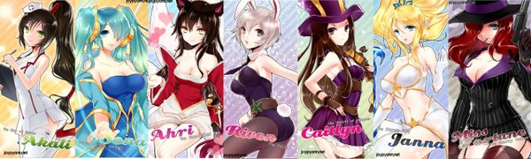 Anime picture 1280x385 with league of legends ahri (league of legends) sona buvelle akali (league of legends) riven (league of legends) caitlyn (league of legends) miss fortune (league of legends) janna windforce battle bunny riven joypyonn long hair short hair breasts blue eyes light erotic black hair blonde hair brown hair wide image large breasts
