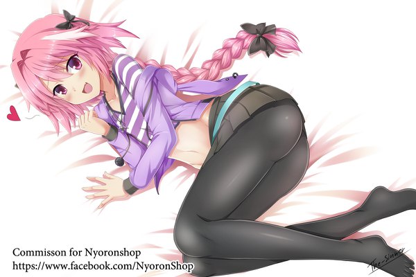 Anime picture 1200x800 with fate (series) fate/apocrypha astolfo (fate) the-sinner single long hair looking at viewer blush fringe open mouth light erotic smile hair between eyes purple eyes pink hair full body indoors lying braid (braids) long sleeves