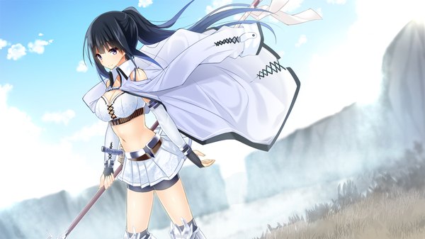 Anime picture 1280x720 with sengoku hime 5 single long hair black hair wide image brown eyes game cg sky cloud (clouds) ponytail midriff girl skirt navel weapon detached sleeves