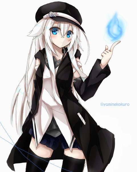 Anime picture 1336x1664 with original luna shuverutse yamine kuro single long hair tall image looking at viewer blush fringe blue eyes simple background white background white hair zettai ryouiki pale skin girl thighhighs black thighhighs detached sleeves vest