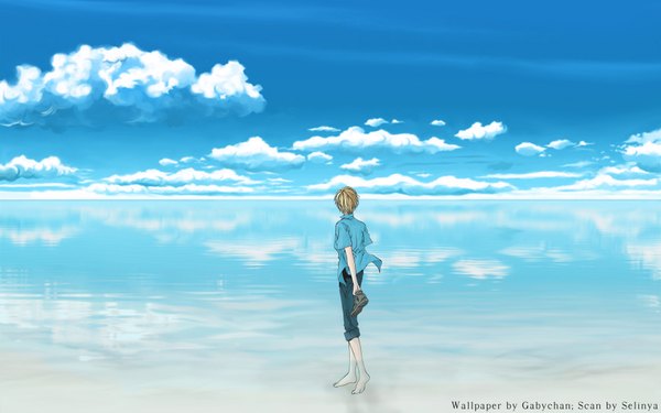 Anime picture 1680x1050 with yami no matsuei j.c. staff hisoka kurosaki single short hair brown hair wide image sky cloud (clouds) barefoot from behind reflection boy shirt water