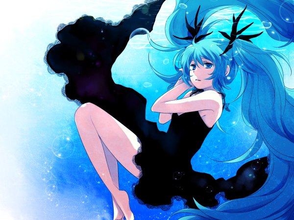 Anime picture 1200x900 with vocaloid shinkai shoujo (vocaloid) hatsune miku naka 53 single blue eyes twintails blue hair very long hair underwater girl dress ribbon (ribbons)