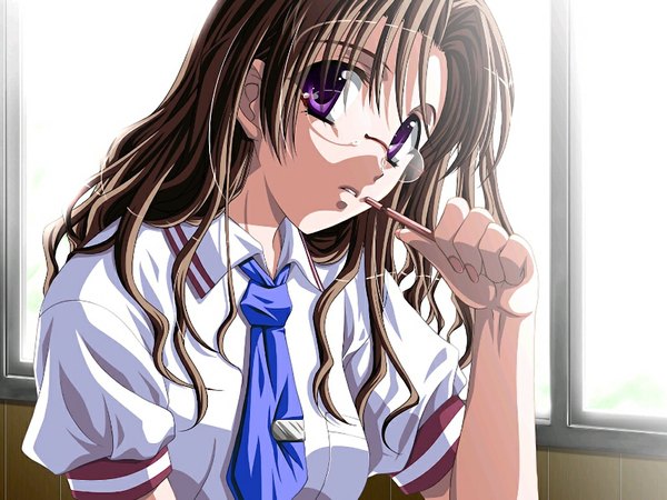 Anime picture 1024x768 with wet and messy 2 (game) brown hair purple eyes game cg girl glasses serafuku