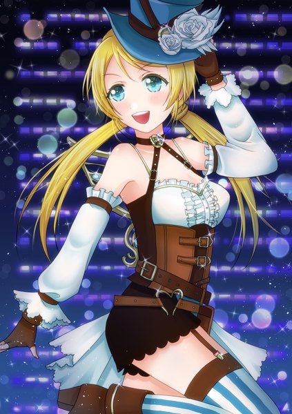 Anime picture 2039x2894 with love live! school idol project sunrise (studio) love live! ayase eli phychonyanko single long hair tall image blush highres breasts blue eyes blonde hair smile standing twintails bare shoulders looking away bent knee (knees) long sleeves