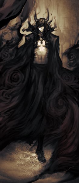 Anime picture 1500x3456 with original danhu single long hair tall image looking at viewer black hair smile horn (horns) black eyes teeth bare belly smoke muscle walking demon demon boy boy navel pendant