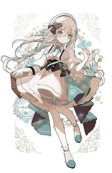 Anime picture 775x1200 with original yuzuyomogi single long hair tall image looking at viewer fringe hair between eyes standing full body braid (braids) nail polish multicolored hair aqua eyes twin braids border standing on one leg colored inner hair outside border aqua nail polish