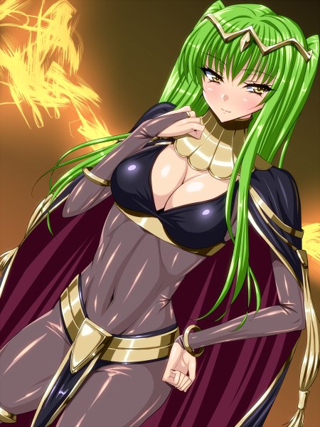 Anime picture 900x1200 with code geass fire emblem sunrise (studio) c.c. sen (sansui) single long hair tall image looking at viewer blush fringe breasts light erotic yellow eyes cleavage green hair light smile covered navel cosplay girl