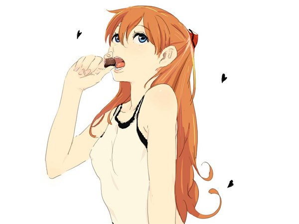 Anime picture 1024x768 with neon genesis evangelion gainax soryu asuka langley mebae single long hair fringe open mouth blue eyes simple background white background bare shoulders holding orange hair looking up girl dress hair ornament food heart
