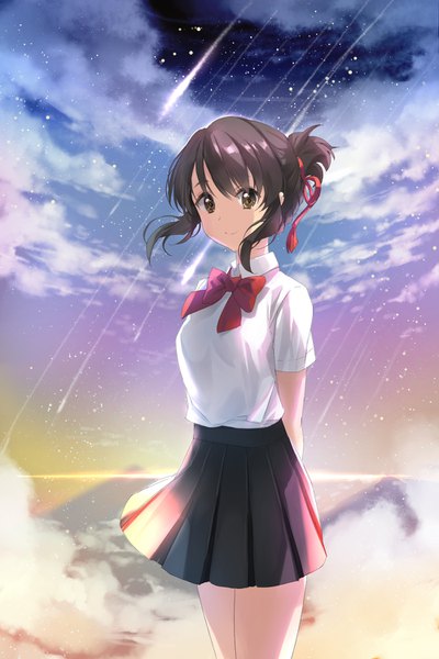 Anime picture 1000x1500 with kimi no na wa miyamizu mitsuha ice (ice aptx) single tall image looking at viewer fringe short hair black hair smile standing brown eyes cloud (clouds) ponytail pleated skirt wind night night sky hands behind back horizon