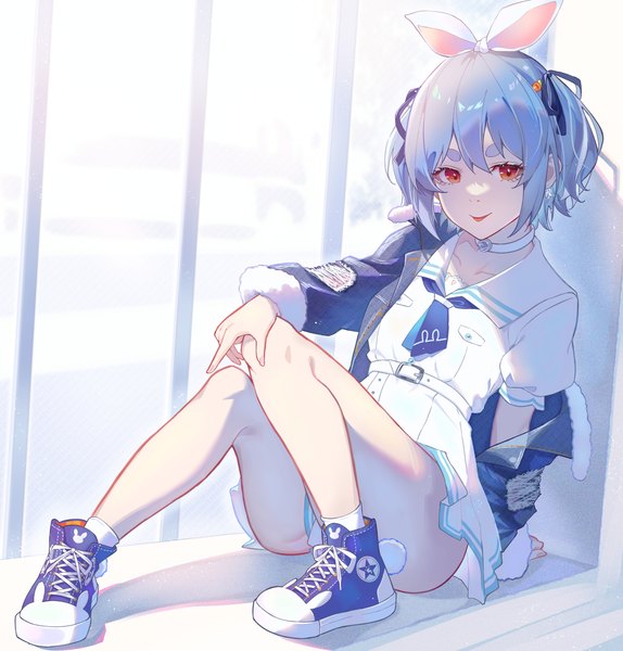 Anime picture 1529x1599 with virtual youtuber hololive usada pekora usada pekora (casual) nihnfinite8 single tall image looking at viewer fringe short hair light erotic hair between eyes red eyes sitting animal ears blue hair full body off shoulder bare legs two side up