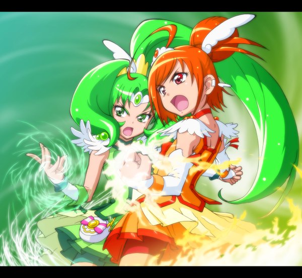 Anime picture 1300x1200 with precure smile precure! toei animation midorikawa nao hino akane (smile precure!) cure march cure sunny yuuya (yu-ya's) long hair short hair open mouth red eyes multiple girls green eyes red hair green hair girl dress 2 girls fire