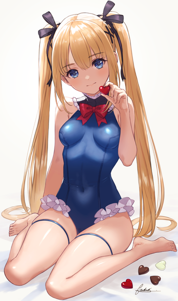 Anime picture 1187x2000 with azur lane dead or alive marie rose marie rose (devilish servant against the splashing waves) fubuki (fakemonkey0224) single tall image looking at viewer blue eyes light erotic blonde hair sitting twintails holding signed very long hair head tilt barefoot covered navel wariza