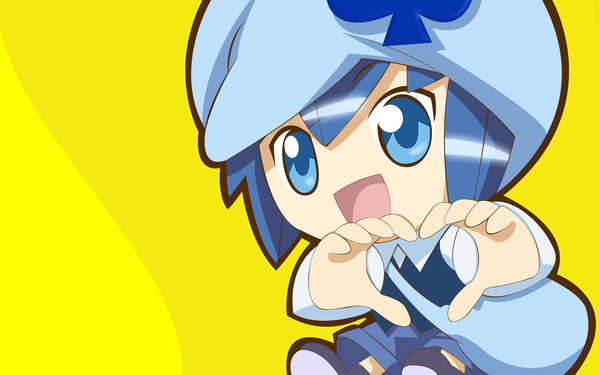 Anime picture 4496x2810 with shugo chara! miki (shugo chara!) single highres short hair open mouth smile wide image blue hair absurdres chibi yellow background girl bag