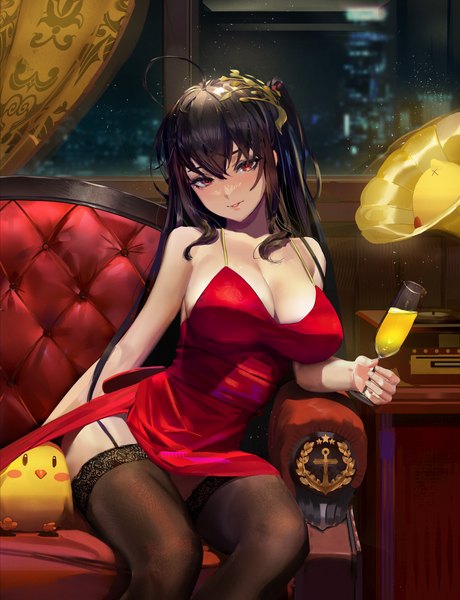 Anime picture 5186x6759 with azur lane manjuu (azur lane) taihou (azur lane) taihou (forbidden feast) (azur lane) 1s44c single long hair tall image looking at viewer blush fringe highres breasts light erotic black hair hair between eyes red eyes large breasts sitting holding