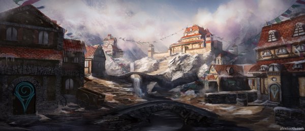 Anime picture 1920x826 with original alextooth highres wide image signed cityscape mountain no people river waterfall fog water building (buildings) house bridge string of flags windmill cart well